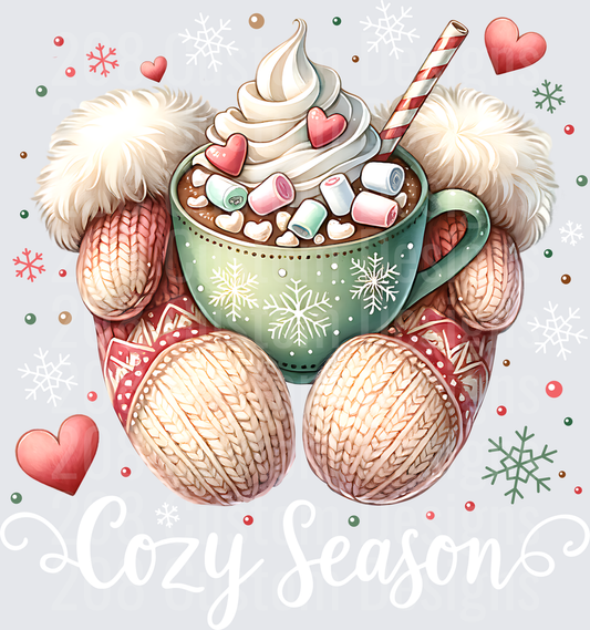 Cozy Mittens Holding Hot Chocolate with Marshmallows and Hearts