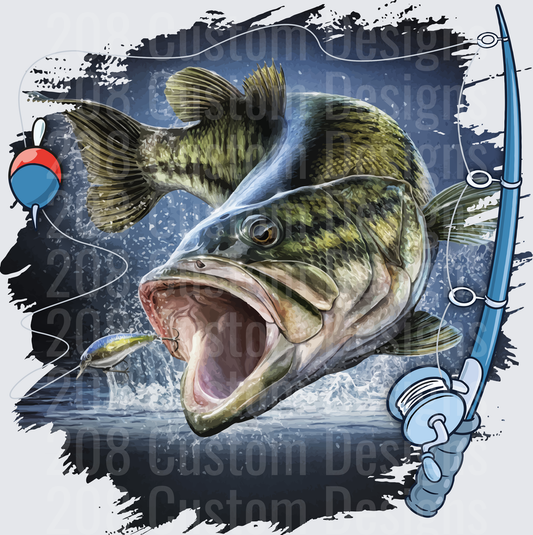 Largemouth Bass Jumping Out of Water with Fishing Rod and Lure