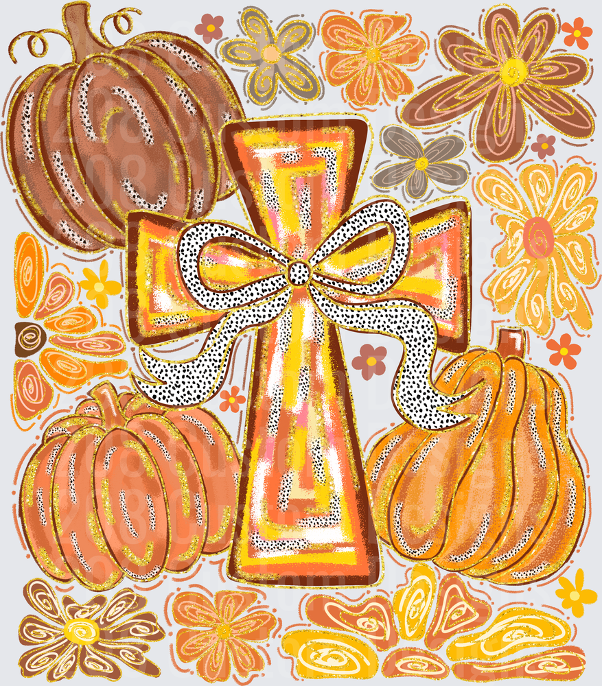 Fall Cross with Pumpkins and Bow Autumn Floral Design