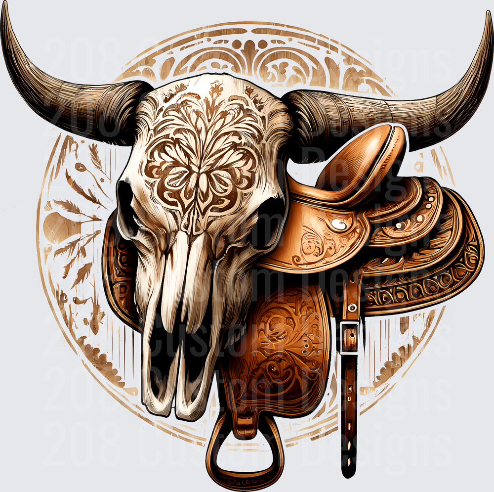 Western Bull Skull with Ornate Leather Saddle Design