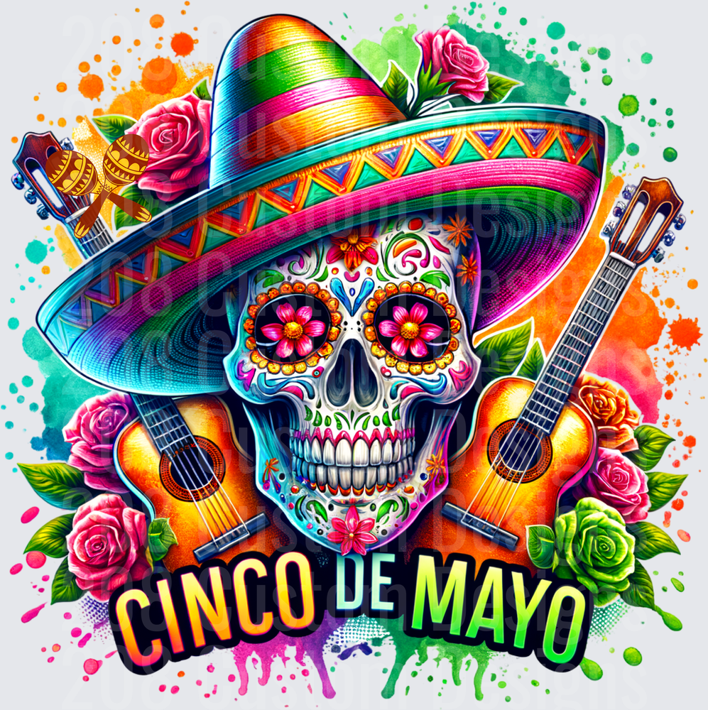 Cinco de Mayo Sugar Skull with Sombrero and Guitars