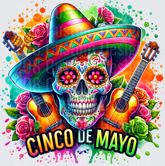 Cinco de Mayo Sugar Skull with Sombrero and Guitars