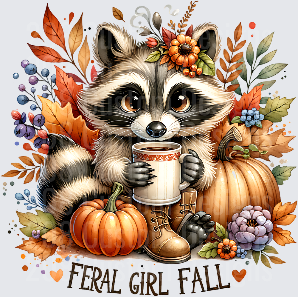 Feral Girl Fall Raccoon with Coffee Mug and Autumn Florals