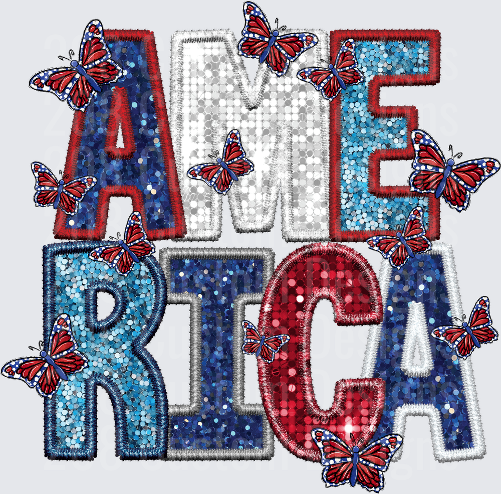 AMERICA Patriotic Text with Red White Blue Butterflies Sequin Style