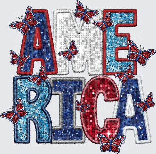 AMERICA Patriotic Text with Red White Blue Butterflies Sequin Style