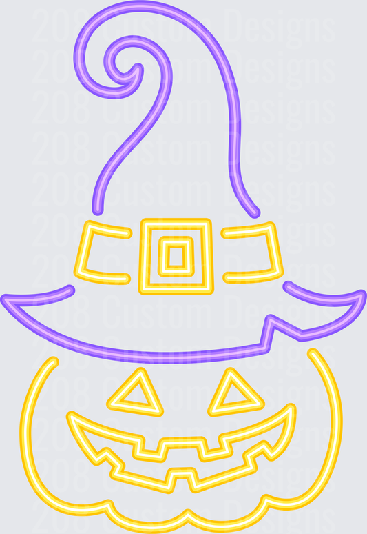 Neon Jack-O-Lantern with Purple Witch Hat Halloween