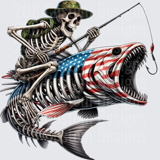 Skeleton Riding American Flag Bass Fish