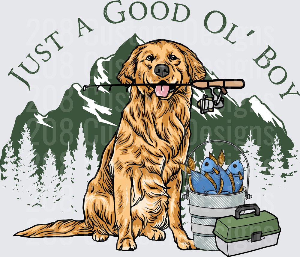 Just A Good Ol' Boy Golden Retriever Fishing Scene with Mountains