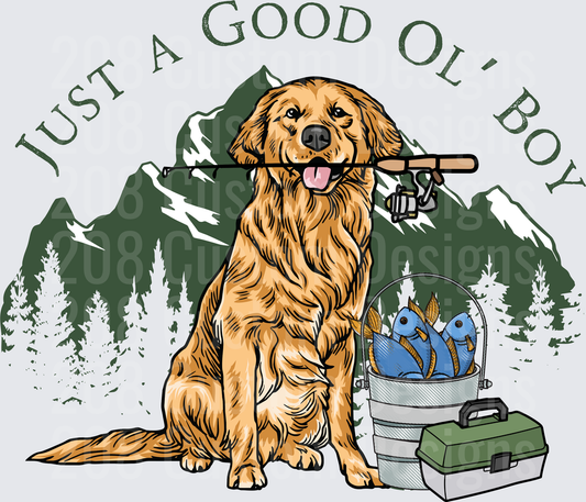 Just A Good Ol' Boy Golden Retriever Fishing Scene with Mountains
