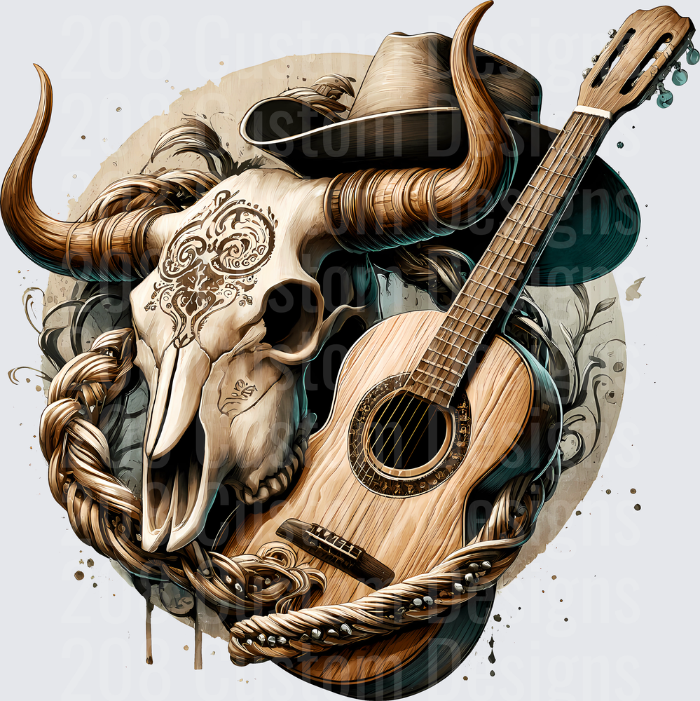 Country Music Bull Skull with Acoustic Guitar and Cowboy Hat