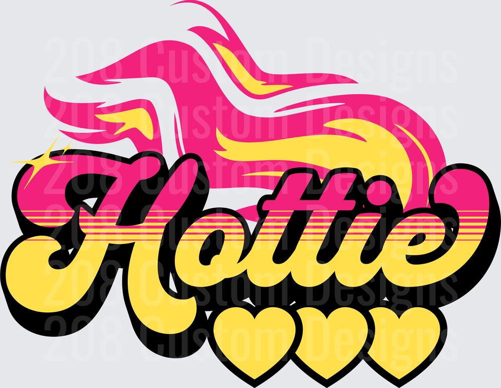 Hottie Retro 70s Style Typography with Hearts and Flowing Hair