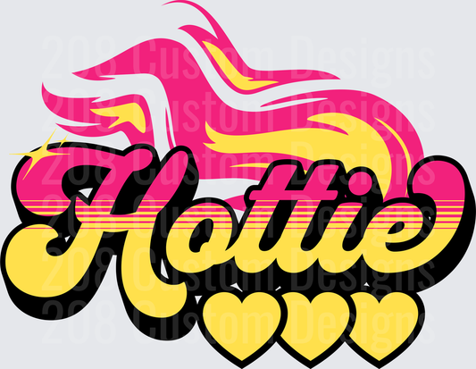 Hottie Retro 70s Style Typography with Hearts and Flowing Hair