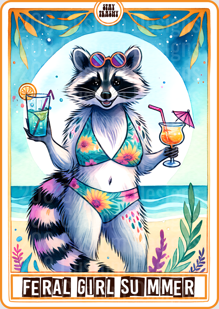 Feral Girl Summer Raccoon in Bikini with Tropical Drinks
