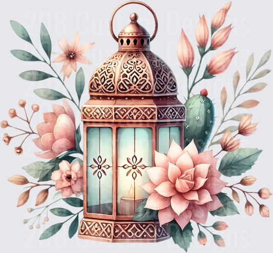 Ornate Moroccan Lantern with Pink Watercolor Flowers and Greenery