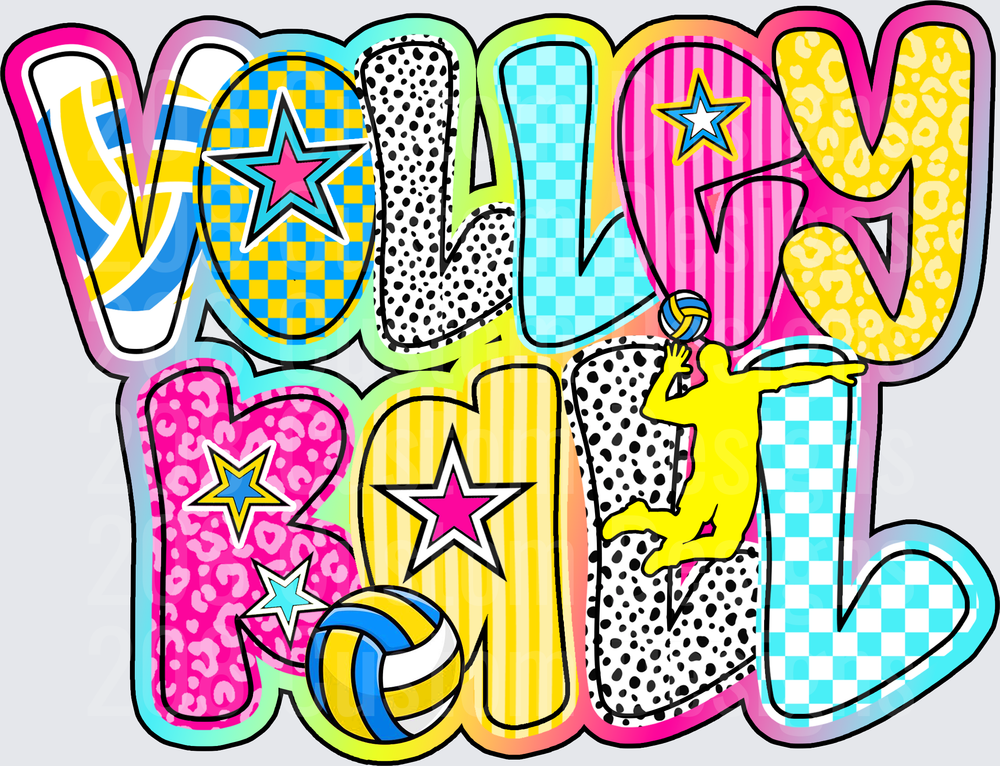 Retro Groovy Volleyball Bold Bubble Letters Mixed Patterns