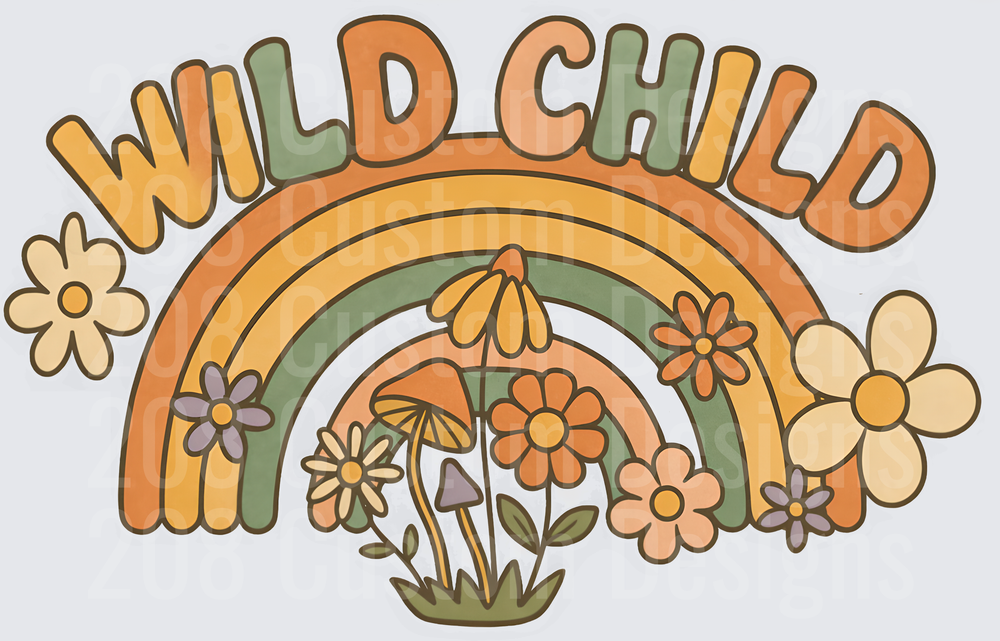 Wild Child Retro Rainbow with Flowers and Mushrooms