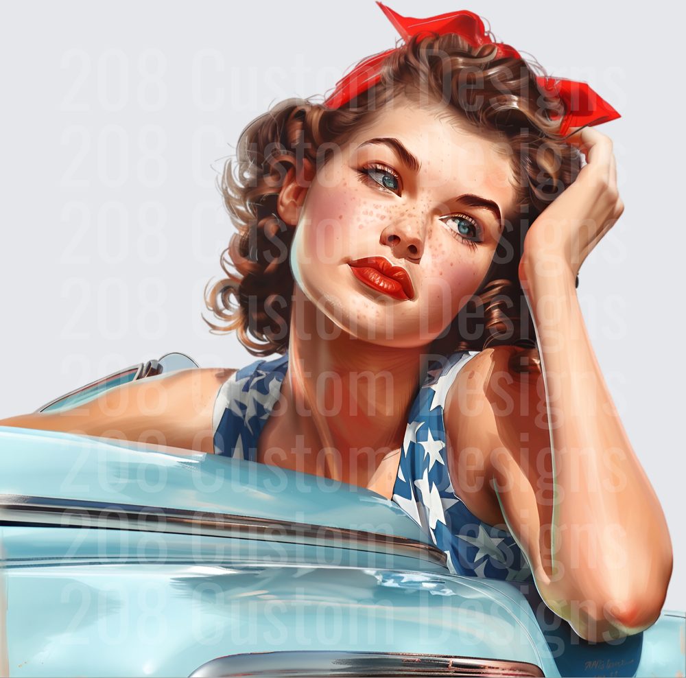 Vintage Pin-Up Girl with Red Bandana and Classic Car