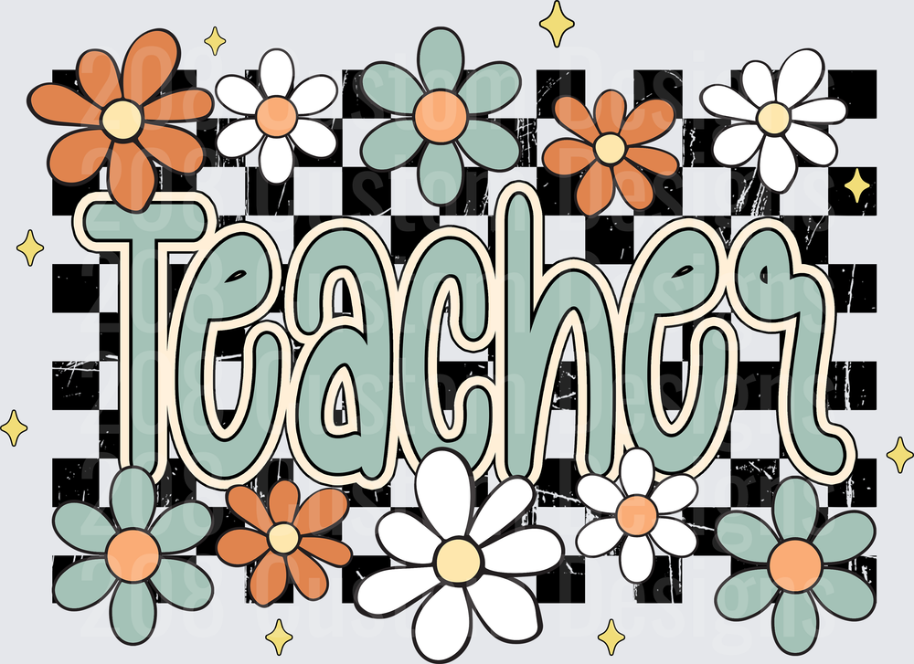 Retro Groovy Teacher Checkered Floral Daisy Design