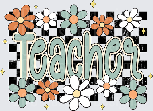 Retro Groovy Teacher Checkered Floral Daisy Design
