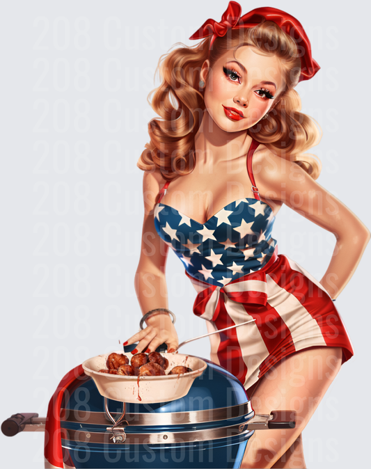 Vintage Pin-Up Girl in Patriotic Outfit Grilling BBQ