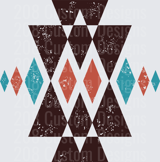 Distressed Geometric Triangles and Diamonds in Teal Coral Brown