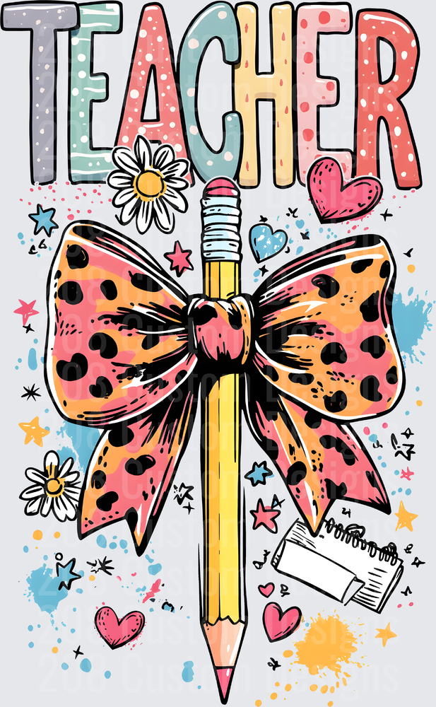 Teacher Pencil Leopard Print Bow Daisy Hearts Doodle Design