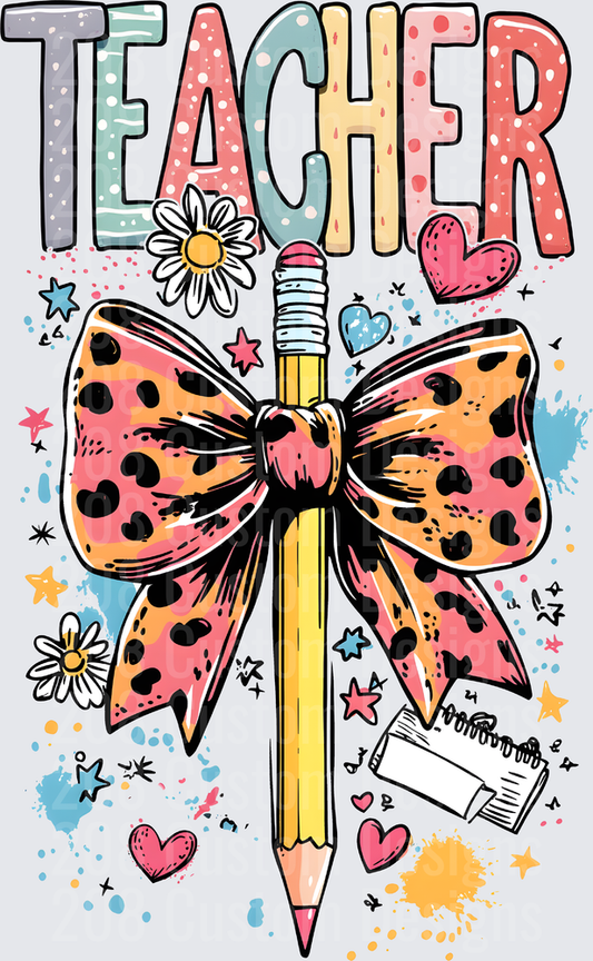 Teacher Pencil Leopard Print Bow Daisy Hearts Doodle Design
