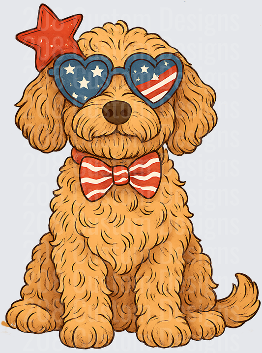 Patriotic Poodle with American Flag Sunglasses and Bow Tie