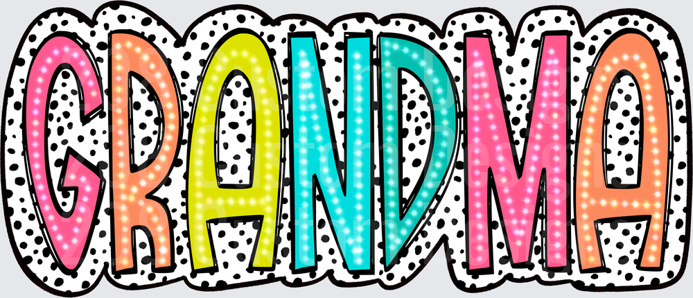 Colorful GRANDMA Text with Polka Dot Pattern and Rainbow Gradient