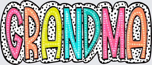 Colorful GRANDMA Text with Polka Dot Pattern and Rainbow Gradient