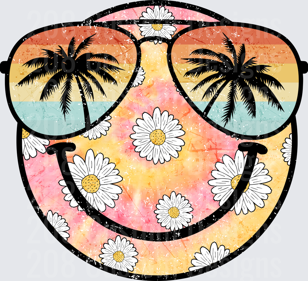 Retro Smiley Face with Sunglasses Palm Trees Sunset Daisies