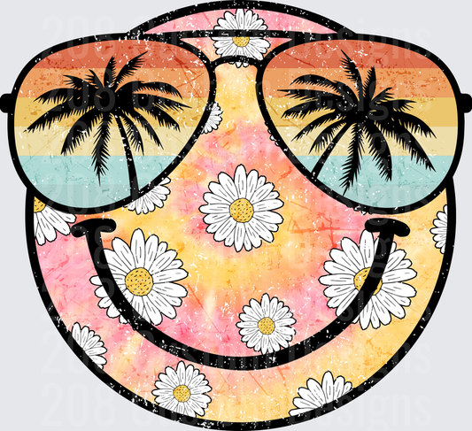 Retro Smiley Face with Sunglasses Palm Trees Sunset Daisies