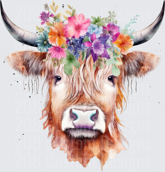 Highland Cow with Vibrant Floral Crown Watercolor Design