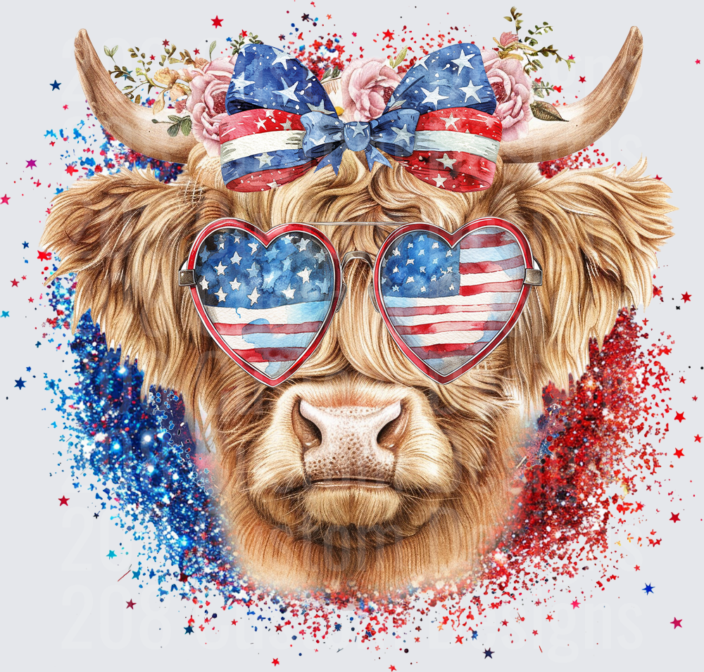 Patriotic Highland Cow with American Flag Heart Sunglasses and Bow