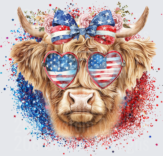 Patriotic Highland Cow with American Flag Heart Sunglasses and Bow