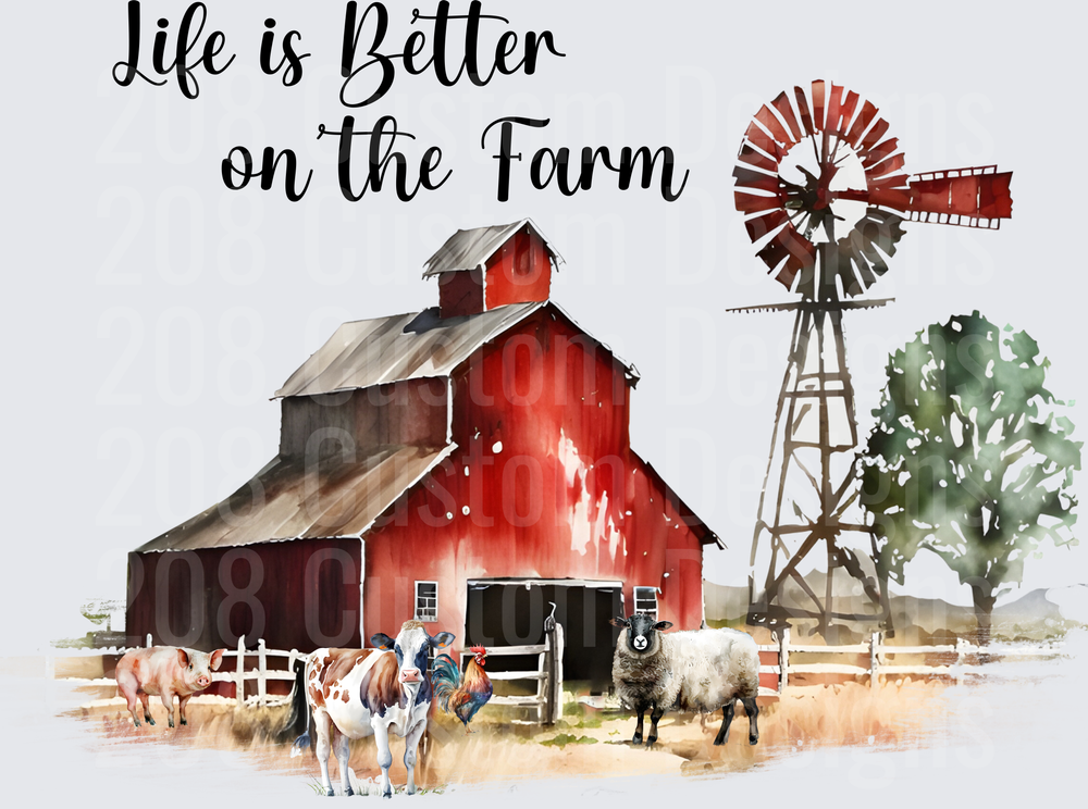 Life is Better on the Farm Watercolor Red Barn Windmill Scene