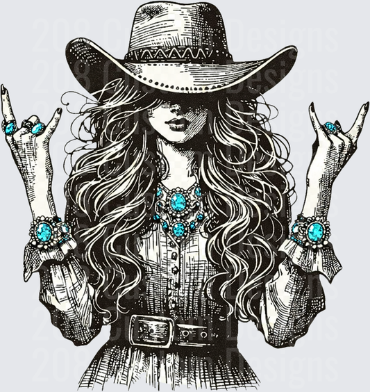 Cowgirl Rock Star Making Devil Horns Hand Signs with Turquoise Jewelry