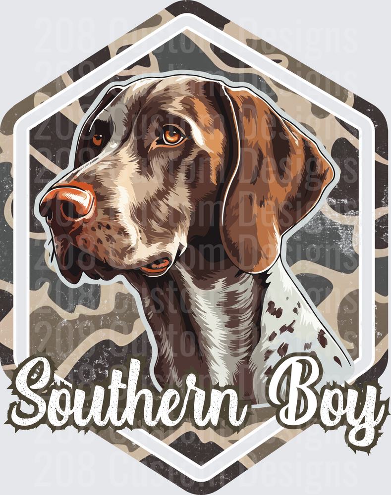 Southern Boy Hunting Dog with Camouflage Background