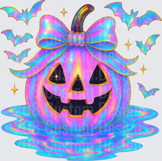 Holographic Iridescent Jack-O-Lantern with Bow and Bats