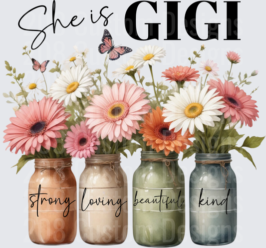 She is Gigi Floral Mason Jars with Butterflies Design
