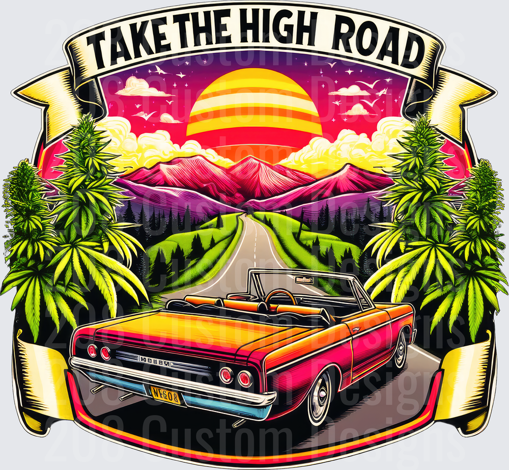 Take The High Road Vintage Convertible Car Cannabis Sunset Scene
