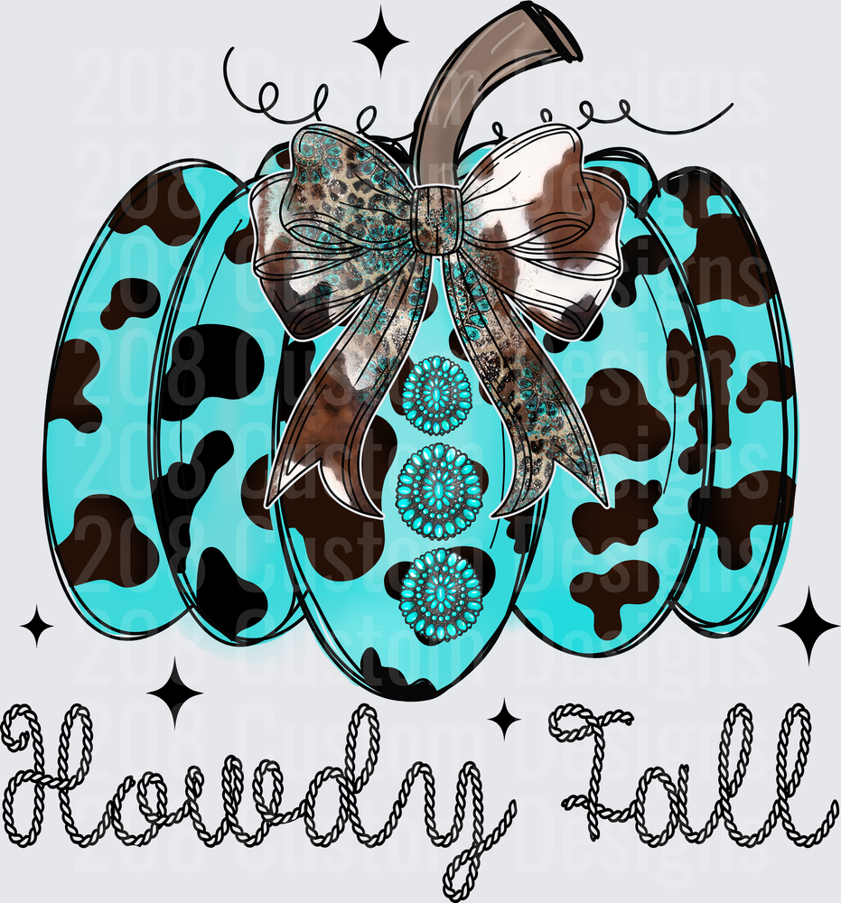 Howdy Fall Turquoise Cow Print Pumpkin with Bow and Stars