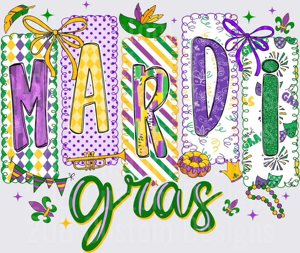 Mardi Gras Colorful Letters with Beads Masks and Fleur de Lis