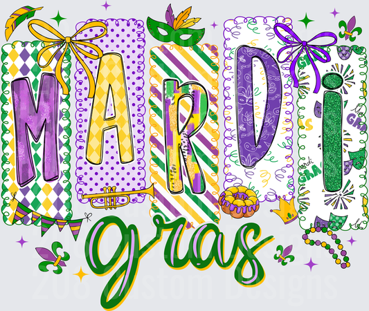 Mardi Gras Colorful Letters with Beads Masks and Fleur de Lis