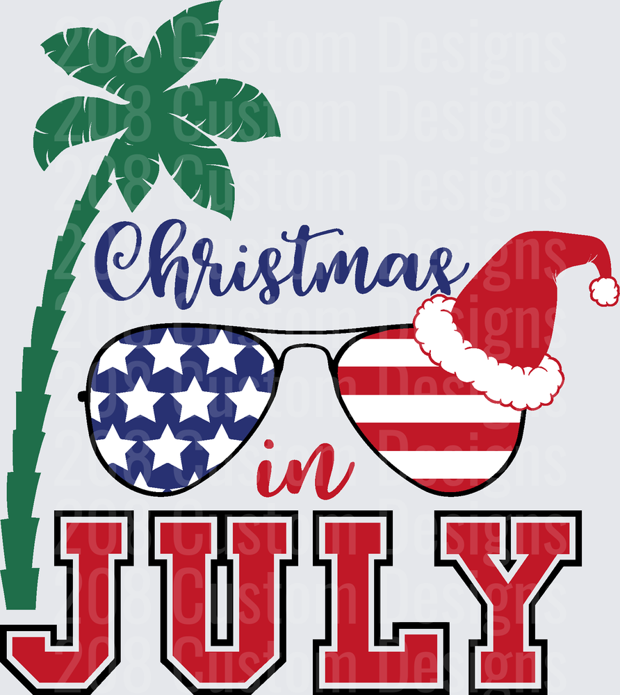 Christmas in July Palm Tree Santa Hat American Flag Sunglasses