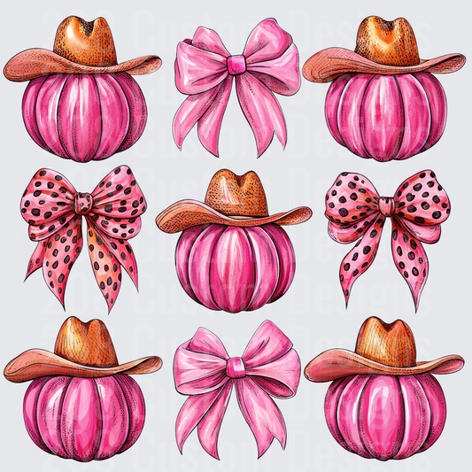 Pink Cowboy Hat Pumpkins and Polka Dot Bows Fall Western