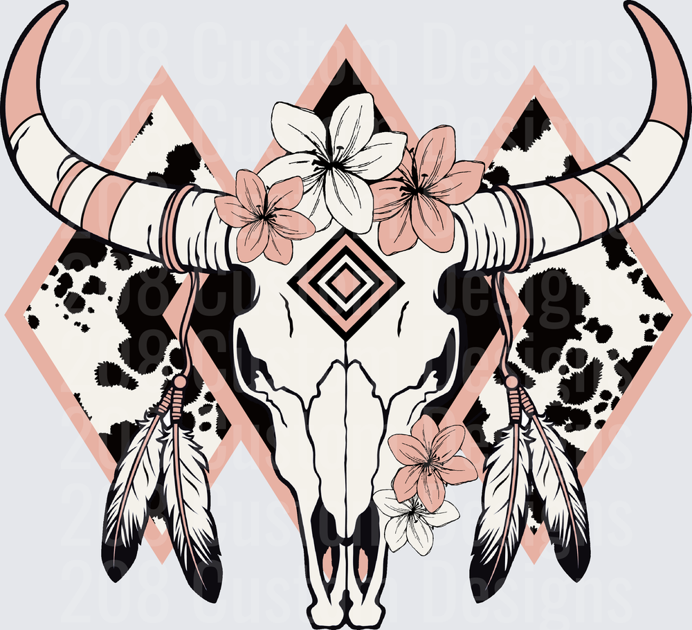 Boho Bull Skull with Flowers Feathers and Geometric Triangles