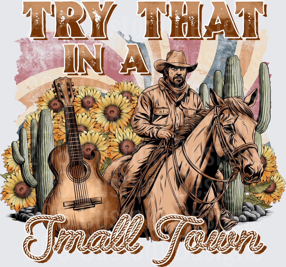 Try That In A Small Town Country Cowboy With Guitar And Sunflowers