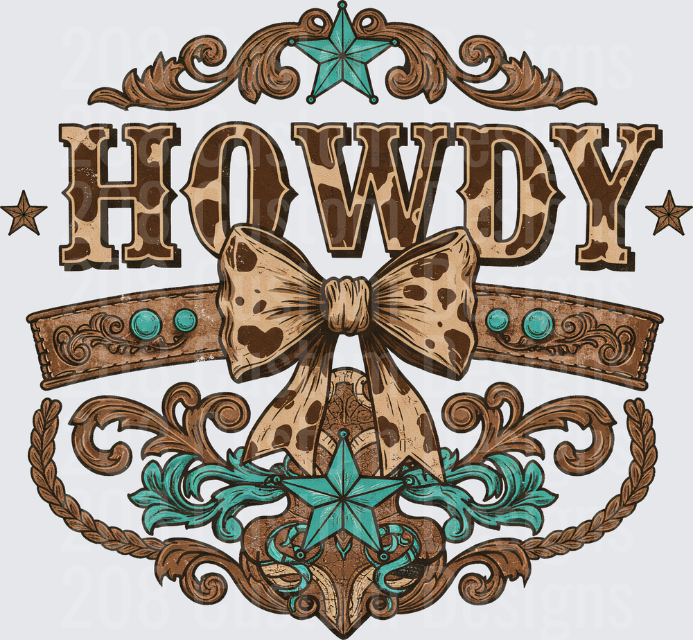 Western HOWDY Text with Turquoise Stars and Cowhide Bow