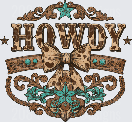 Western HOWDY Text with Turquoise Stars and Cowhide Bow